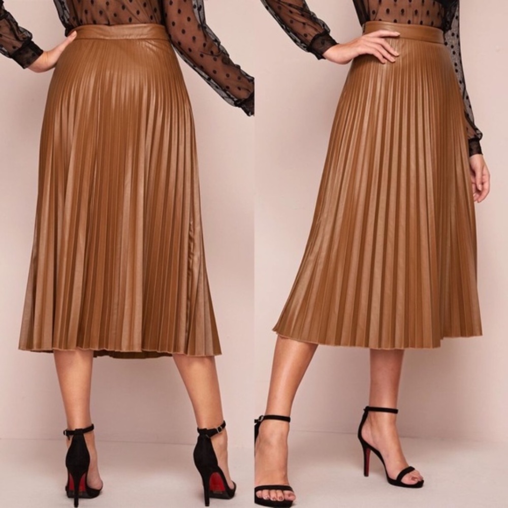 Camel Vegan leather Accordion Pleated Midi Skirt - Picture 3 of 6